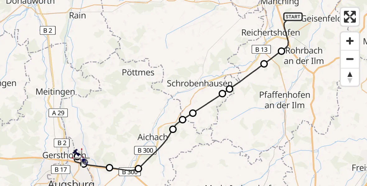 Flugroute Polizeihubschrauber Reichertshofen - Augsburg Flughafen, 28 April 2026, 11:28