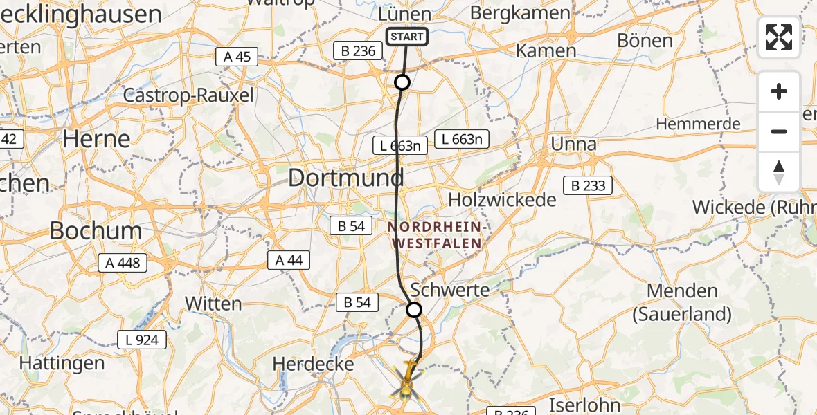 Flugroute Rettungshubschrauber Lünen - Hagen, 28 April 2026, 11:33