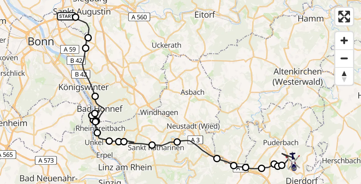 Flugroute Polizeihubschrauber Bonn-Hangelar Flugplatz - Raubach, 28 April 2026, 11:35