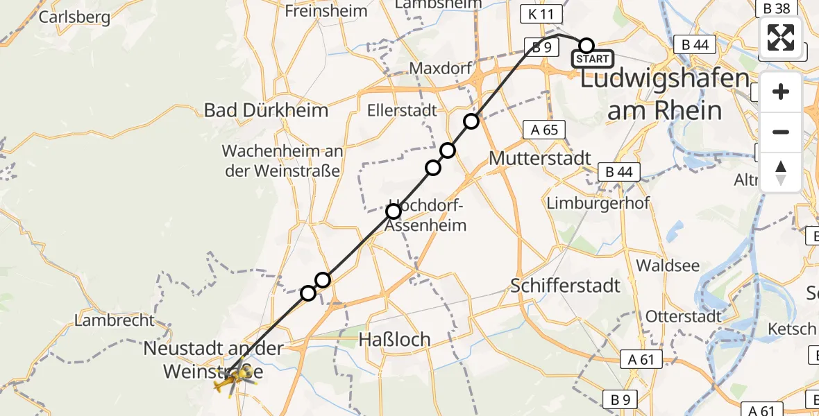 Flugroute Rettungshubschrauber Ludwigshafen Accident Hospital - Neustadt an der Weinstraße, 28 April 2026, 11:38