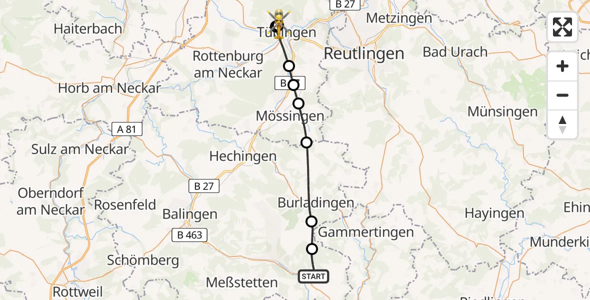 Flugroute Rettungshubschrauber Winterlingen - Tübingen University Hospital, 28 April 2026, 11:39