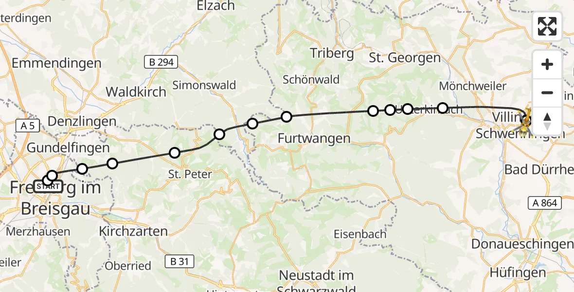 Flugroute Rettungshubschrauber Freiburg University Hospital Heliport 1 - DRF Air Rescue Station Villingen-Schwenningen Hubschrauberlandeplatz (Christoph 11), 28 April 2026, 12:02