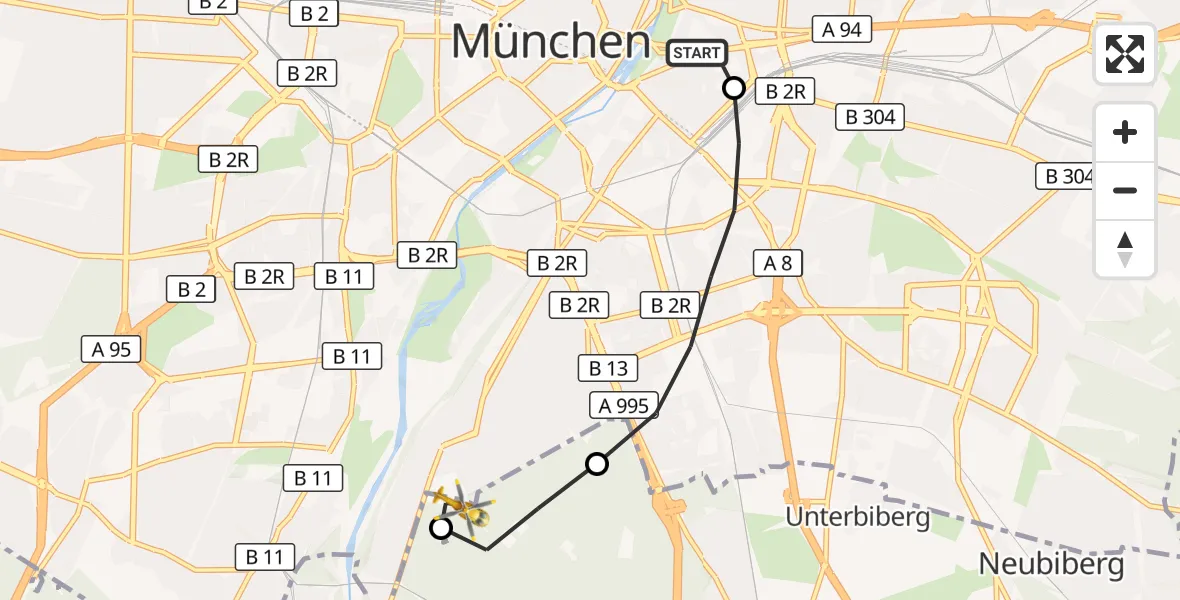 Flugroute Rettungshubschrauber Rechts der Isar University Hospital - ADAC Air Rescue Center Hubschrauberlandeplatz (Christoph 1), 28 April 2026, 12:04