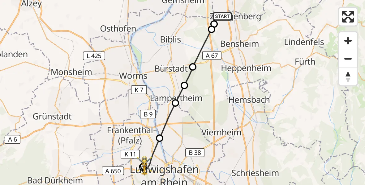 Flugroute Rettungshubschrauber Zwingenberg - Ludwigshafen Accident Hospital, 28 April 2026, 12:11