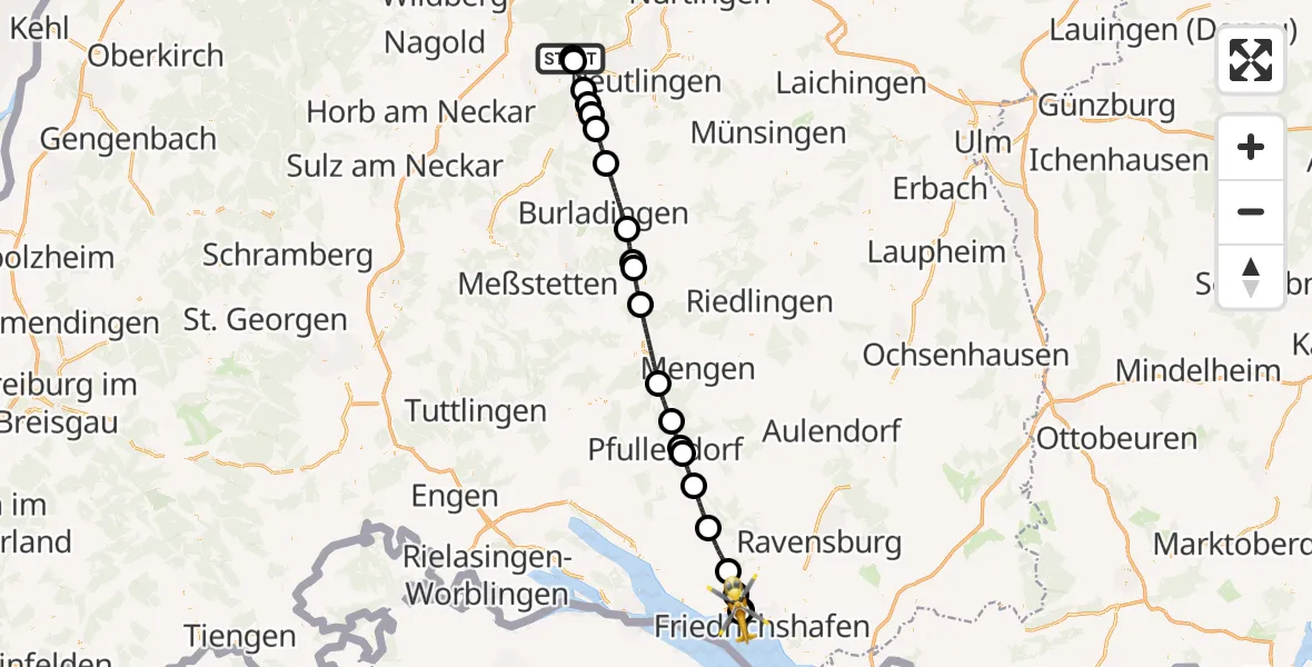 Flugroute Rettungshubschrauber Tübingen University Hospital - Friedrichshafen Hospital, 28 April 2026, 12:11