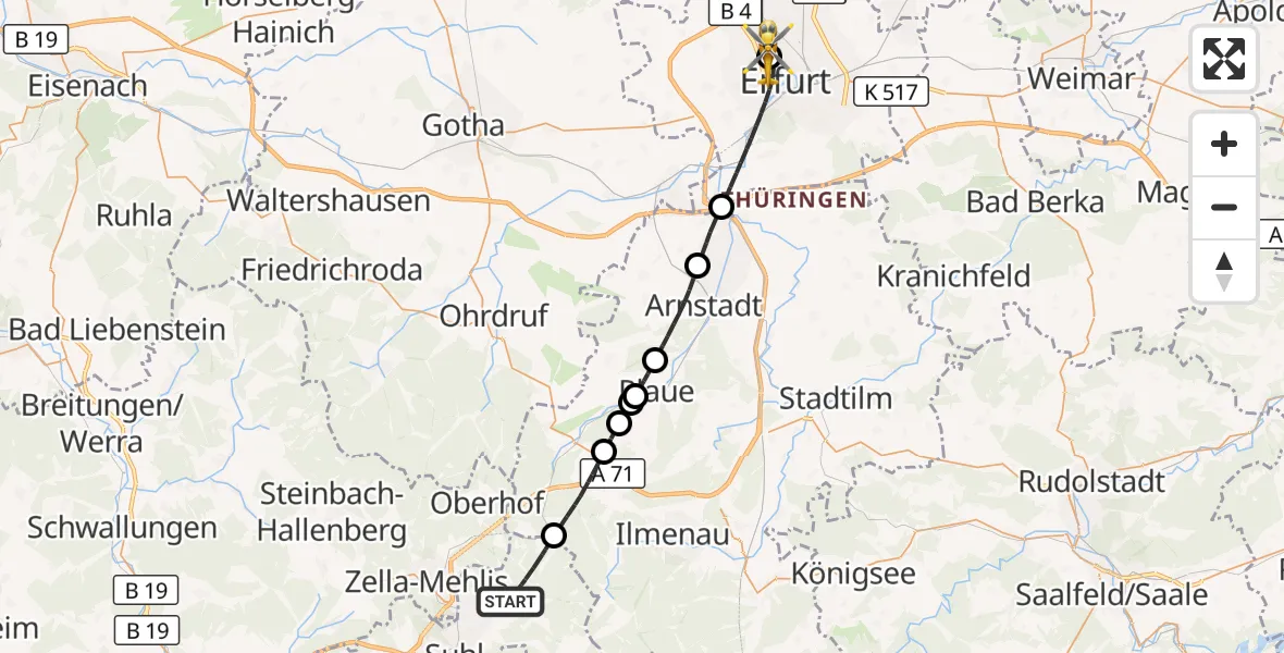 Flugroute Rettungshubschrauber Suhl - Helios Clinic Erfurt, 28 April 2026, 12:15