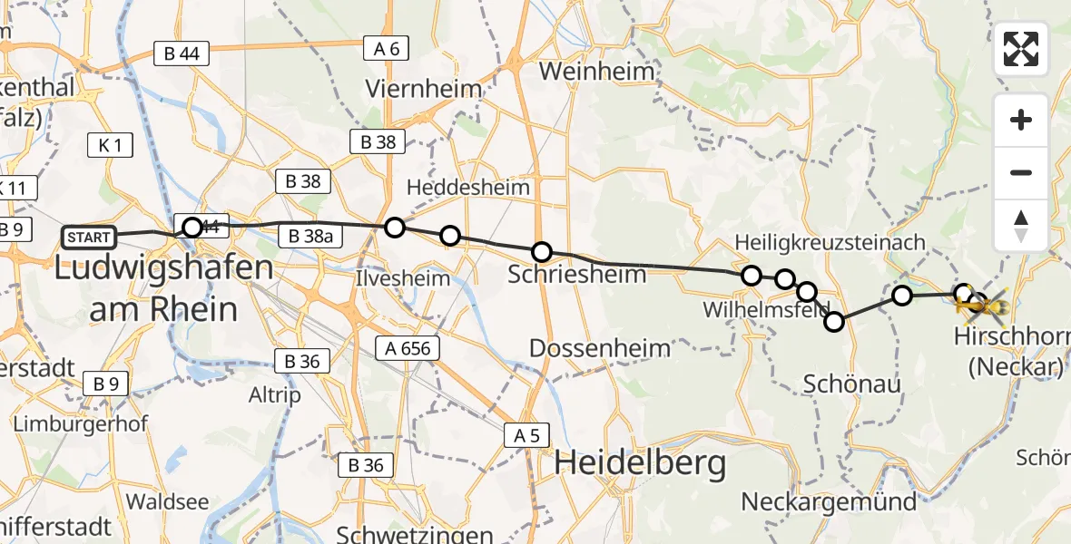 Flugroute Rettungshubschrauber Ludwigshafen am Rhein - Hirschhorn (Neckar), 28 April 2026, 12:20