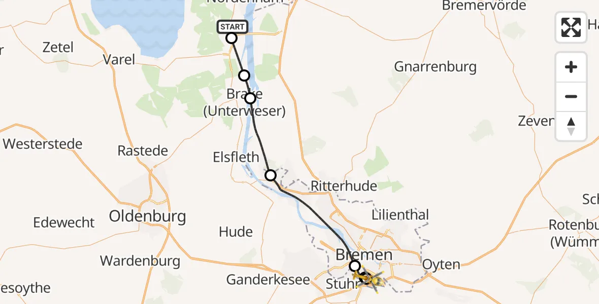 Flugroute Ambulanzhubschrauber Nordenham - ADAC Air Rescue Station Bremen Hubschrauberlandeplatz (Christoph 6), 28 April 2026, 12:24