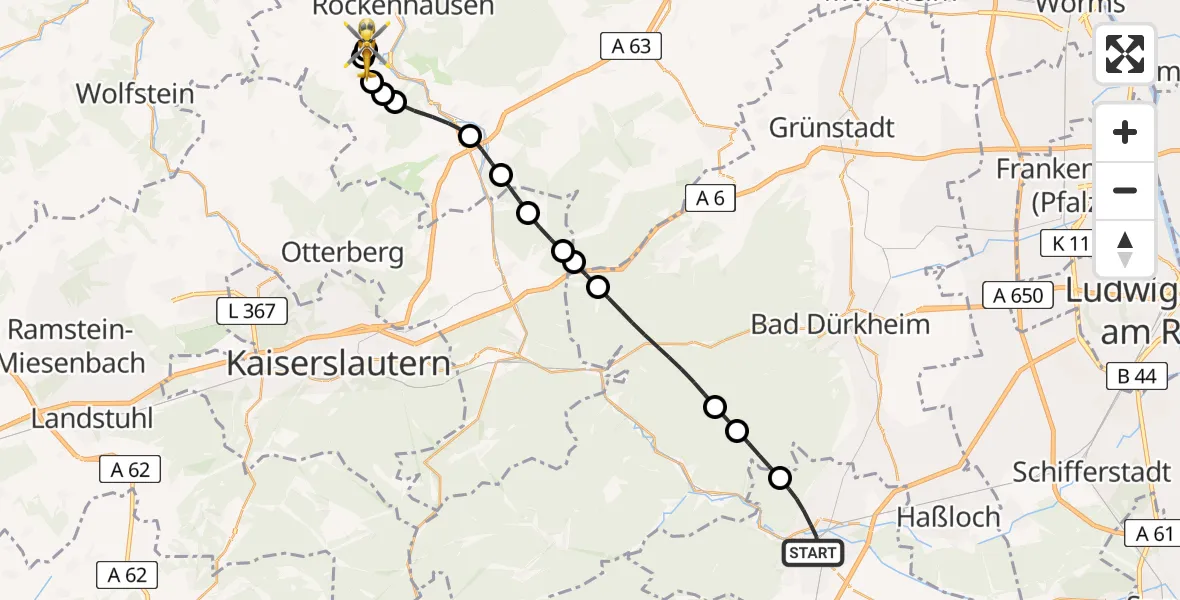 Flugroute Rettungshubschrauber Neustadt an der Weinstraße - Imsweiler UL, 28 April 2026, 12:35