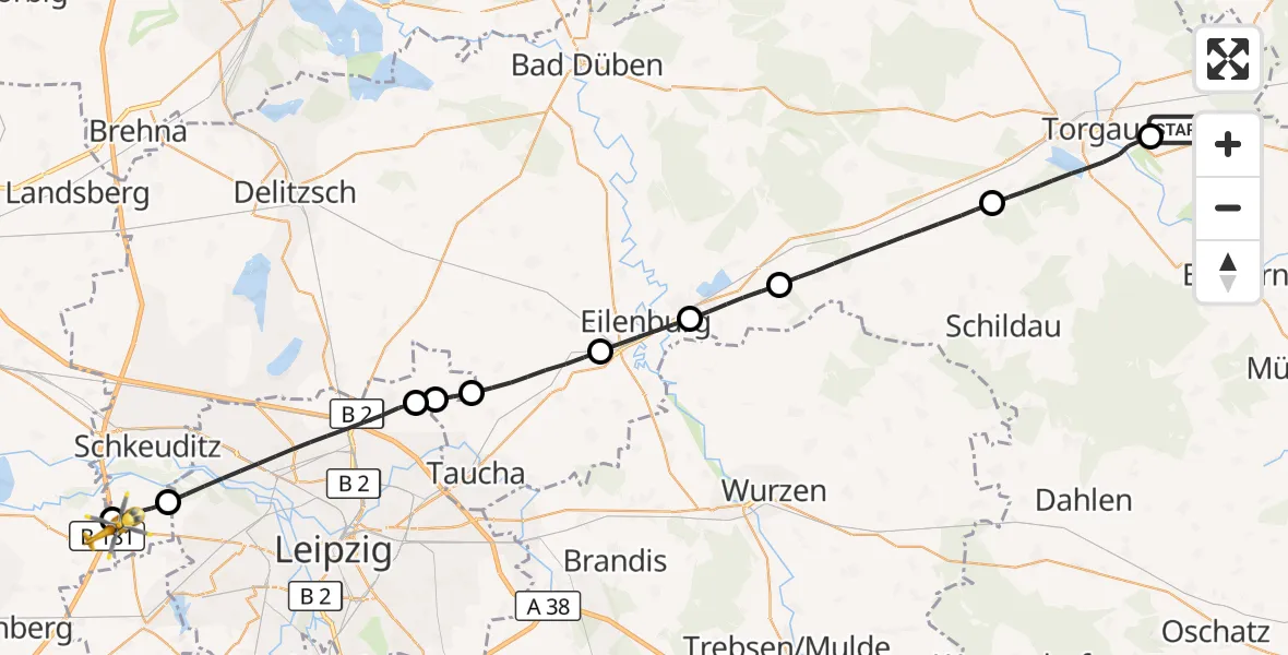 Flugroute Rettungshubschrauber Beilrode - ADAC Air Rescue Station Leipzig/Schkeuditz-Dölzig Hubschrauberlandeplatz (Christoph 61), 28 April 2026, 12:45