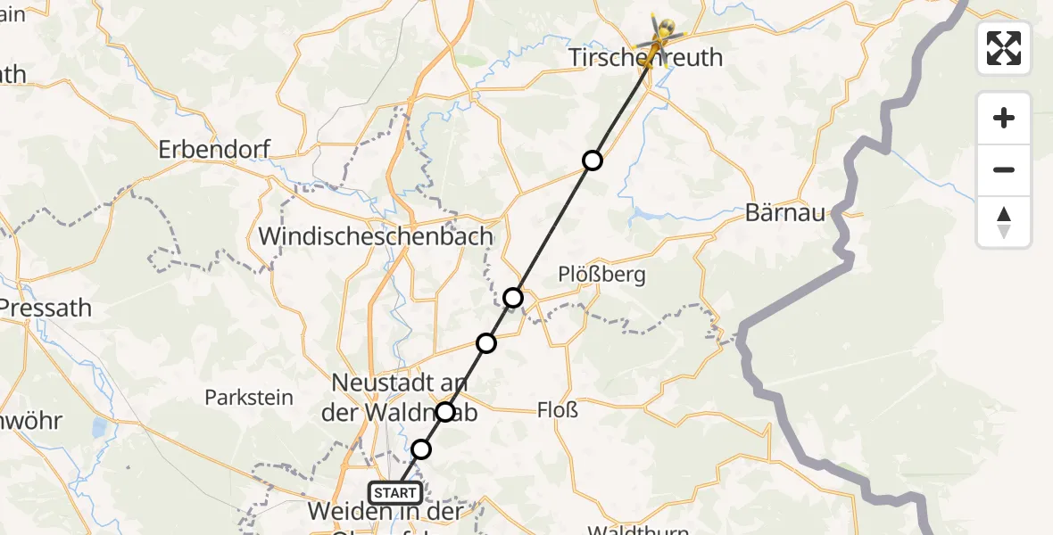 Flugroute Rettungshubschrauber Weiden i.d.OPf. - Tirschenreuth, 28 April 2026, 12:47