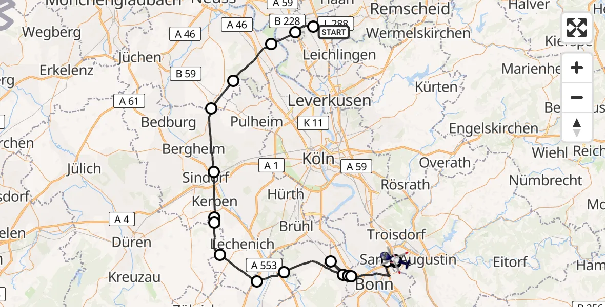 Flugroute Polizeihubschrauber Solingen - Sankt Augustin, 28 April 2026, 12:51
