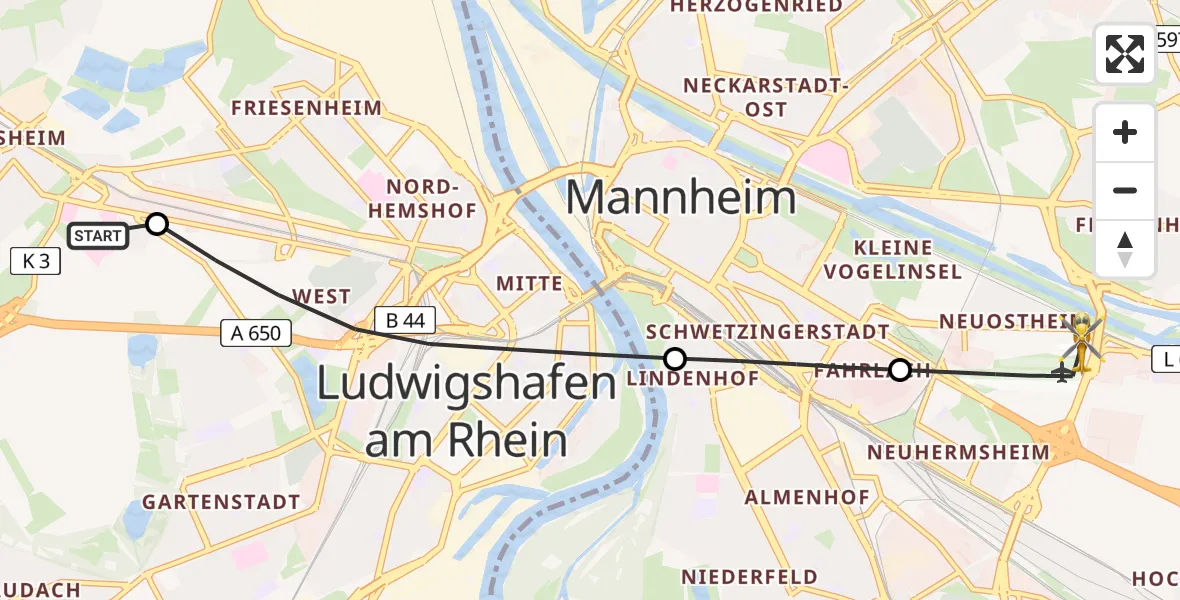 Flugroute Rettungshubschrauber Ludwigshafen Accident Hospital - Mannheim-City Flughafen, 28 April 2026, 12:52