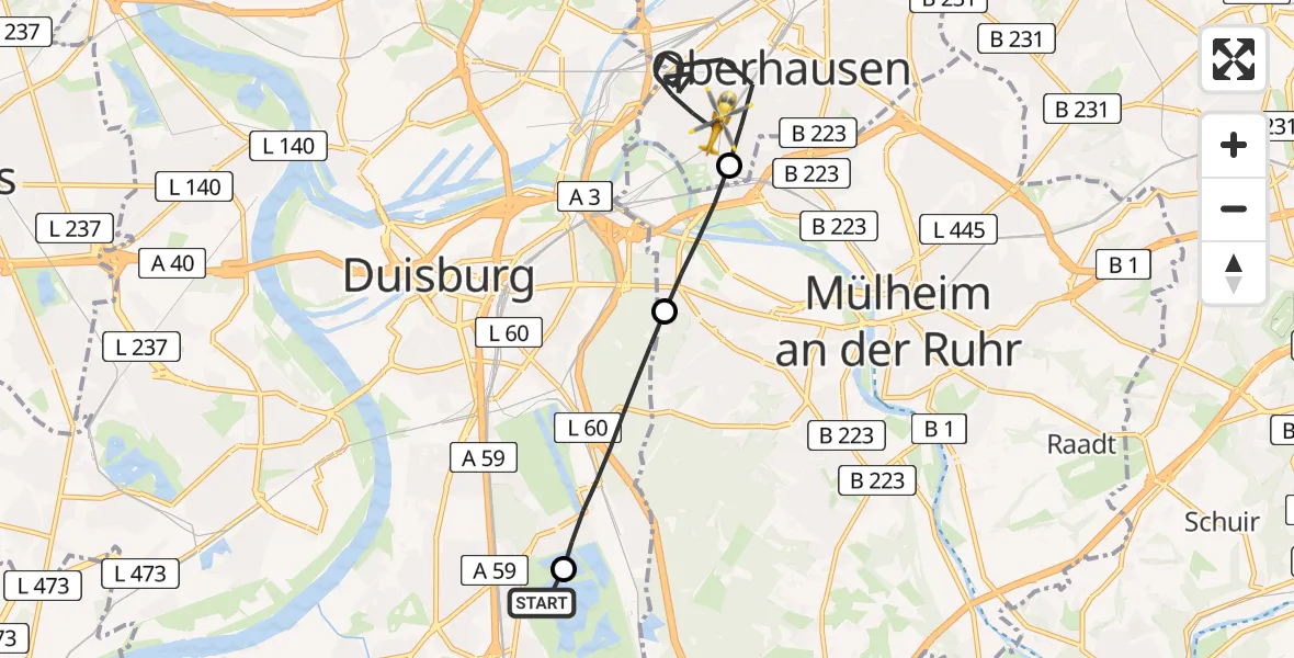 Flugroute Rettungshubschrauber Duisburg Air Rescue Hubschrauberlandeplatz (Christoph 9) - Oberhausen, 28 April 2026, 12:54