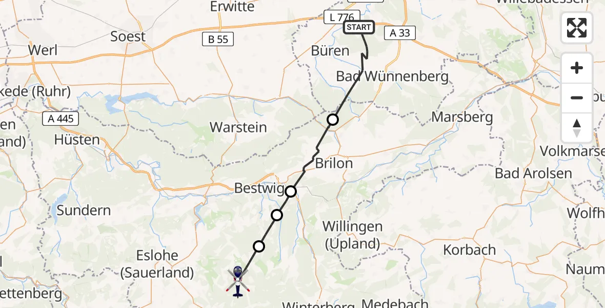 Flugroute Polizeihubschrauber Büren - Schmallenberg, 28 April 2026, 12:57