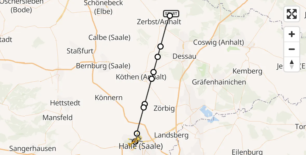 Flugroute Rettungshubschrauber Zerbst Flugplatz - Halle (Saale) University Hospital, 28 April 2026, 12:57