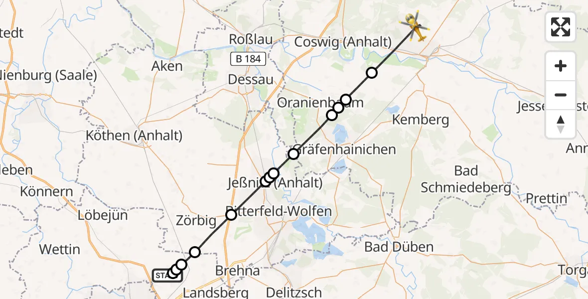 Flugroute Ambulanzhubschrauber Halle-Oppin Flugplatz - Wittenberg, 28 April 2026, 13:01