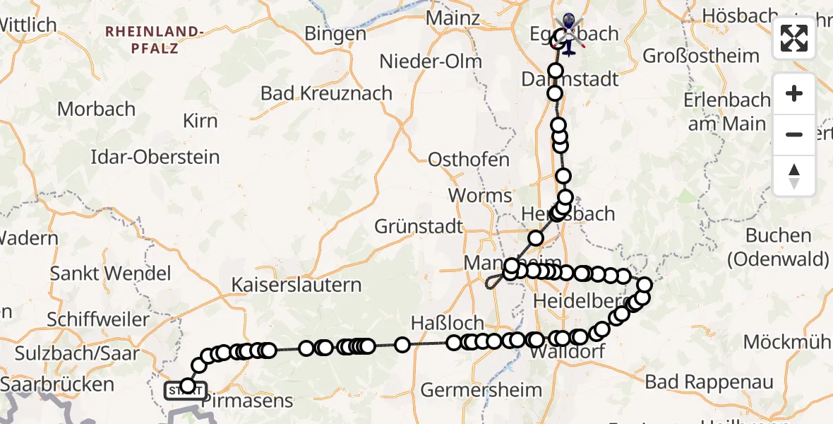 Flugroute Polizeihubschrauber Zweibrücken - Flughafen Frankfurt-Egelsbach, 28 April 2026, 13:05