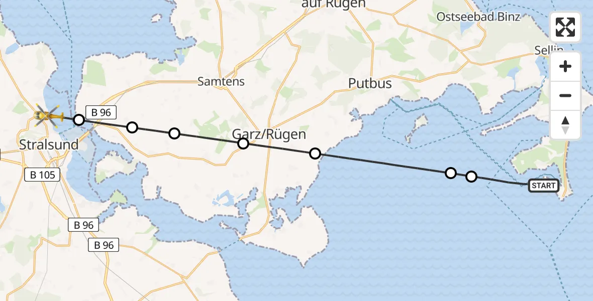 Flugroute Rettungshubschrauber Mönchgut - Stralsund, 28 April 2026, 13:05
