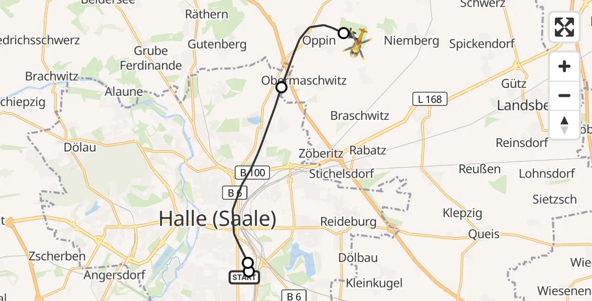 Flugroute Rettungshubschrauber BG Hospital Bergmannstrost Halle - Halle-Oppin Flugplatz, 28 April 2026, 13:11