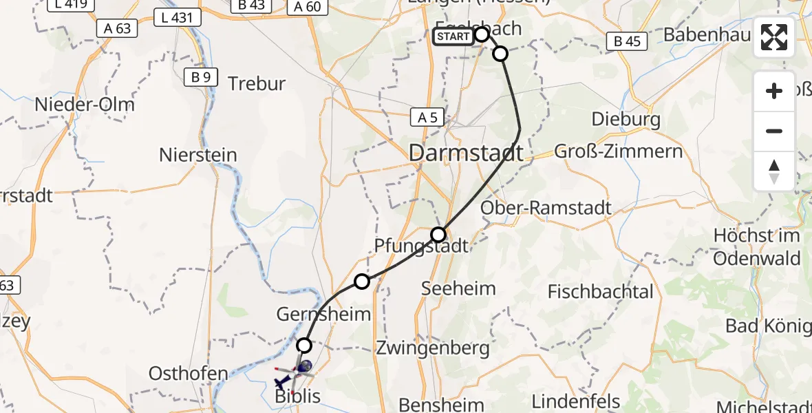 Flugroute Polizeihubschrauber Flughafen Frankfurt-Egelsbach - Groß-Rohrheim, 28 April 2026, 13:15
