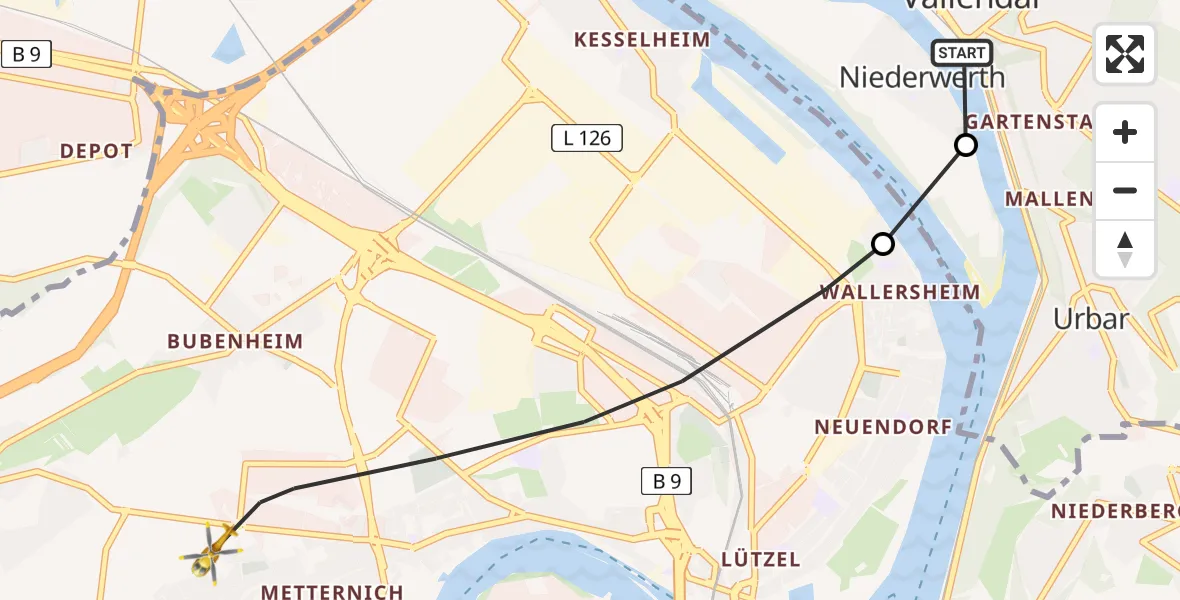Flugroute Rettungshubschrauber Vallendar - Koblenz, 28 April 2026, 13:15