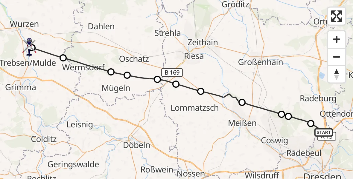 Flugroute Polizeihubschrauber Radeburg - Wurzen, 28 April 2026, 13:15
