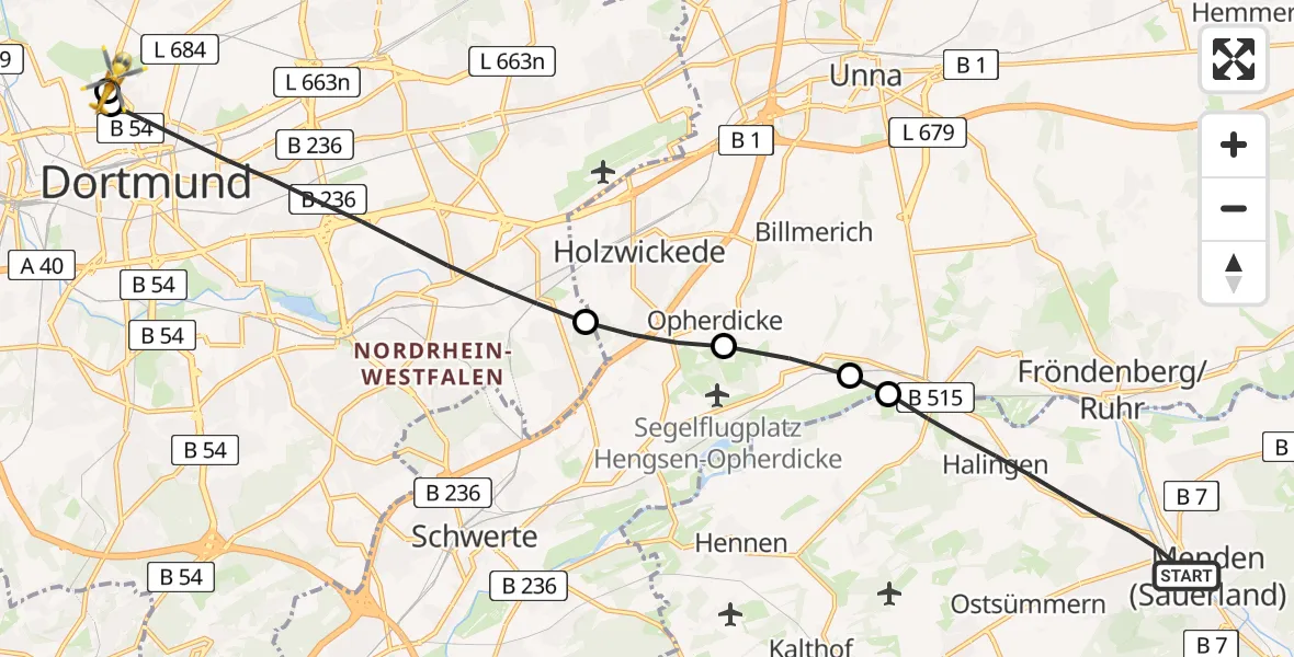 Flugroute Rettungshubschrauber Menden (Sauerland) - Dortmund Hospital North, 28 April 2026, 13:23