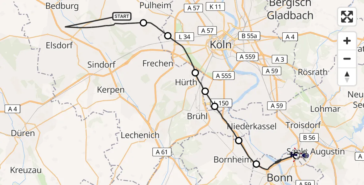Flugroute Polizeihubschrauber Bergheim - Sankt Augustin, 28 April 2026, 13:25