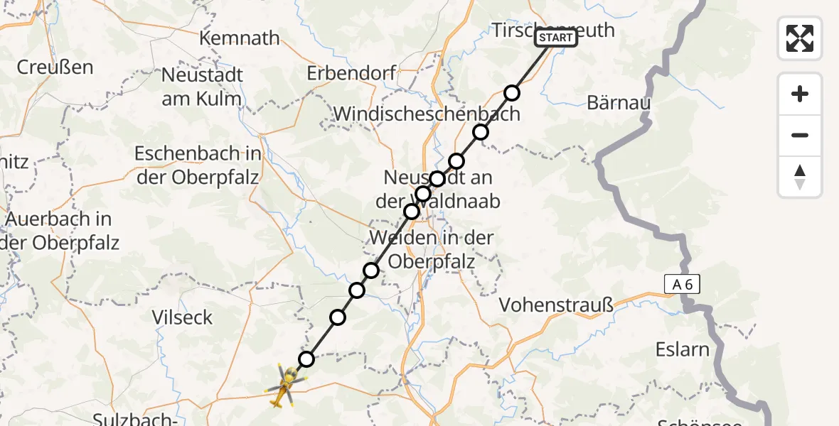 Flugroute Rettungshubschrauber Tirschenreuth - Hirschau, 28 April 2026, 13:34