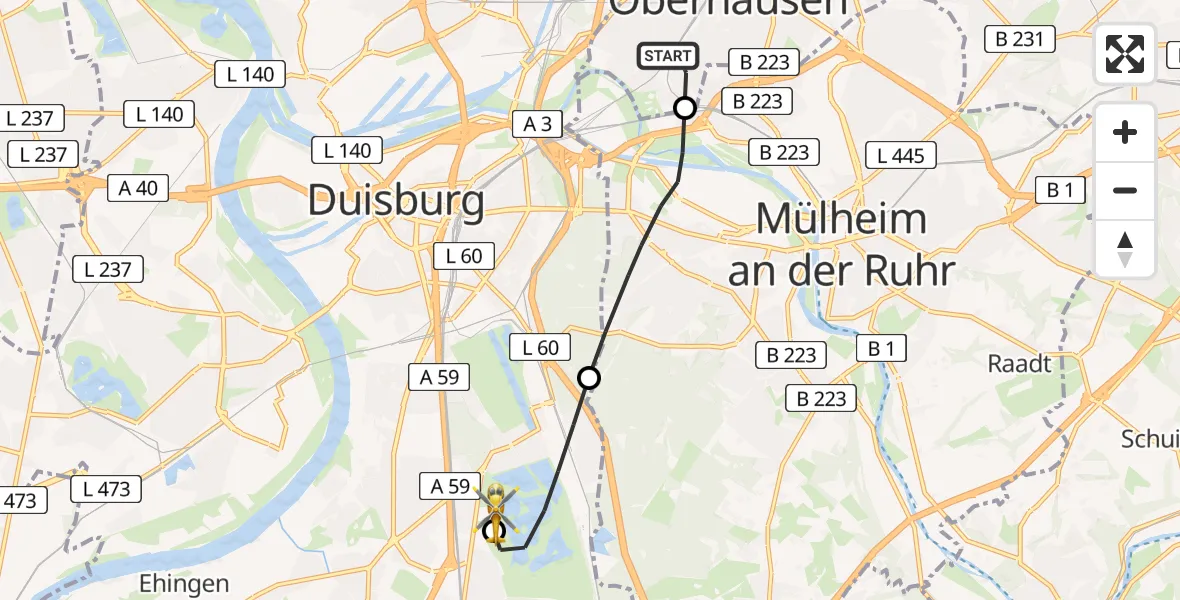 Flugroute Rettungshubschrauber Oberhausen - Duisburg Air Rescue Hubschrauberlandeplatz (Christoph 9), 28 April 2026, 13:38