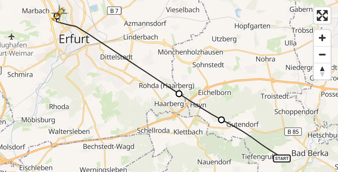 Flugroute Ambulanzhubschrauber Bad Berka - Helios Clinic Erfurt, 28 April 2026, 13:38