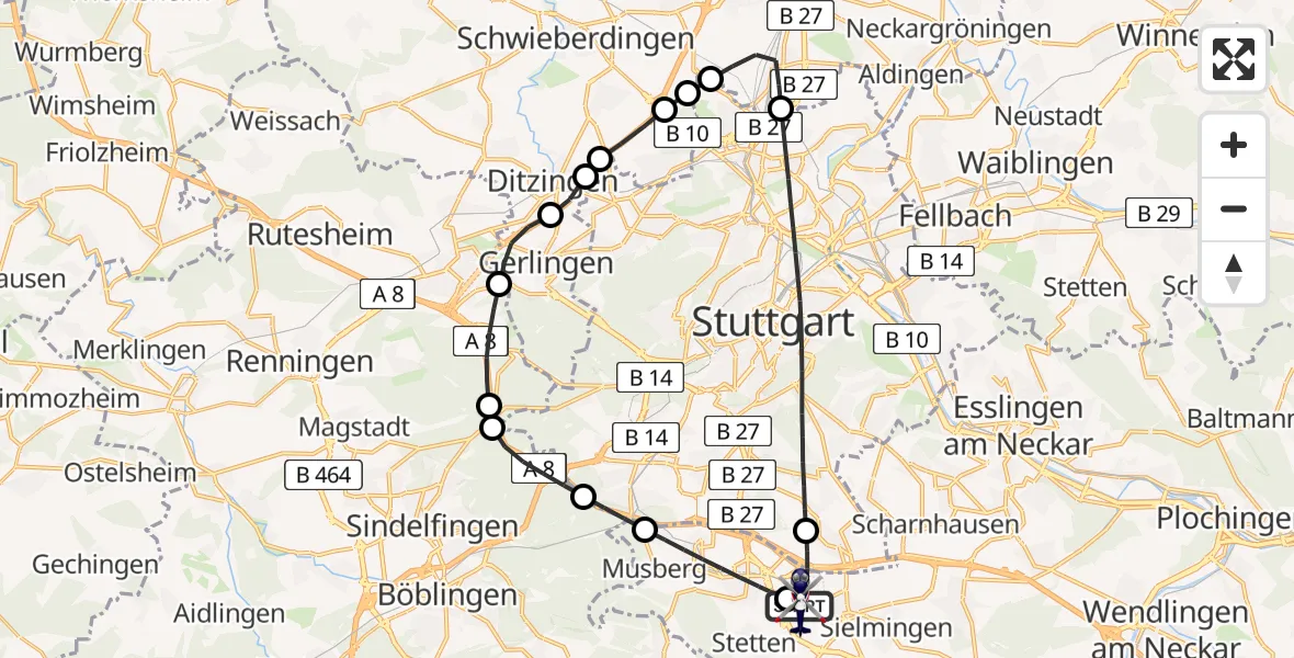Flugroute Polizeihubschrauber Flughafen Stuttgart - Flughafen Stuttgart, 28 April 2026, 13:39