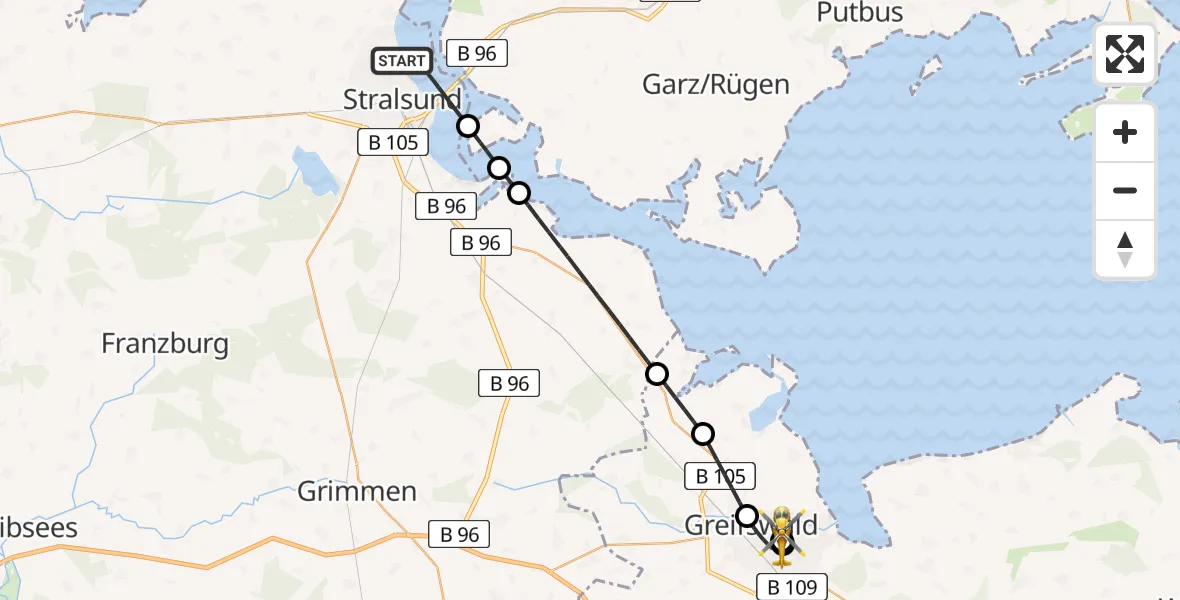 Flugroute Rettungshubschrauber Stralsund - Greifswald Hospital, 28 April 2026, 13:47