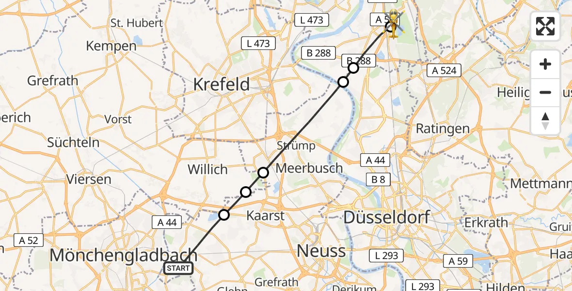 Flugroute Ambulanzhubschrauber Korschenbroich - Duisburg Air Rescue Hubschrauberlandeplatz (Christoph 9), 28 April 2026, 13:50