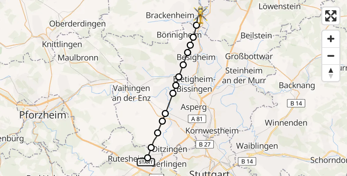 Flugroute Rettungshubschrauber Leonberg Hospital - Lauffen am Neckar, 28 April 2026, 13:51