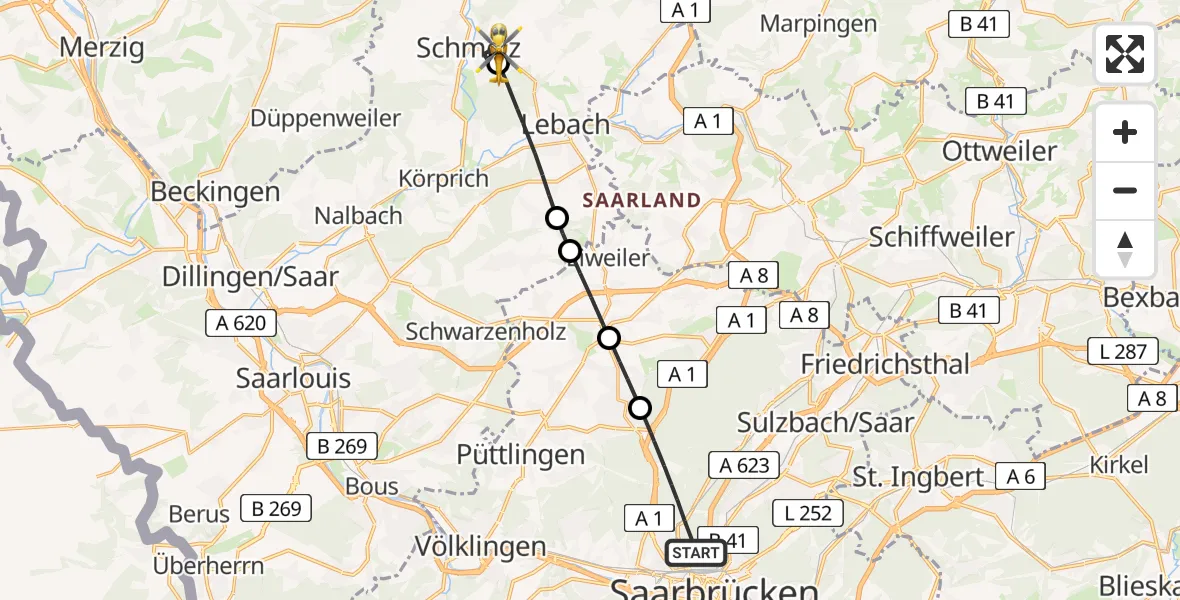 Flugroute Rettungshubschrauber Saarbrücken - Schmelz, 28 April 2026, 14:00