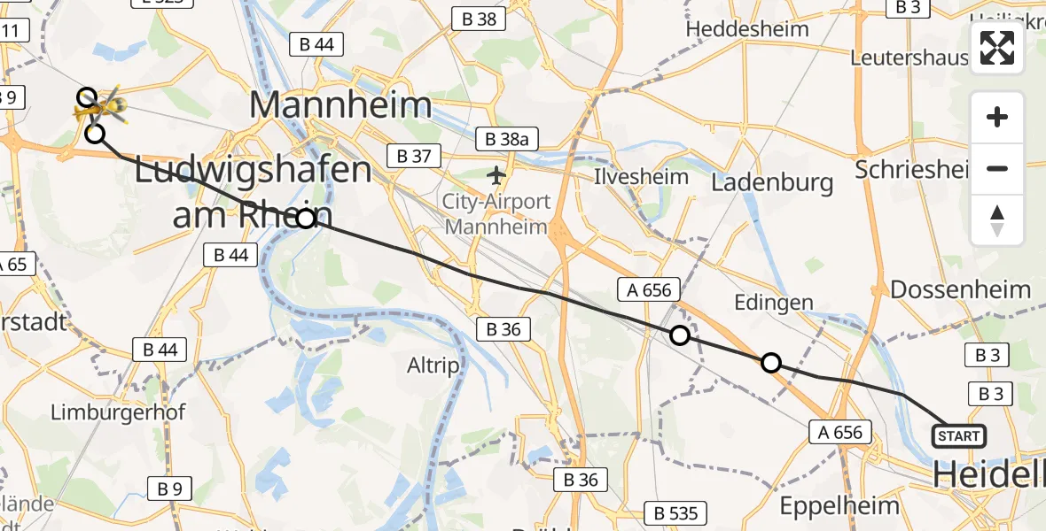 Flugroute Rettungshubschrauber Heidelberg - Ludwigshafen Accident Hospital, 28 April 2026, 14:06