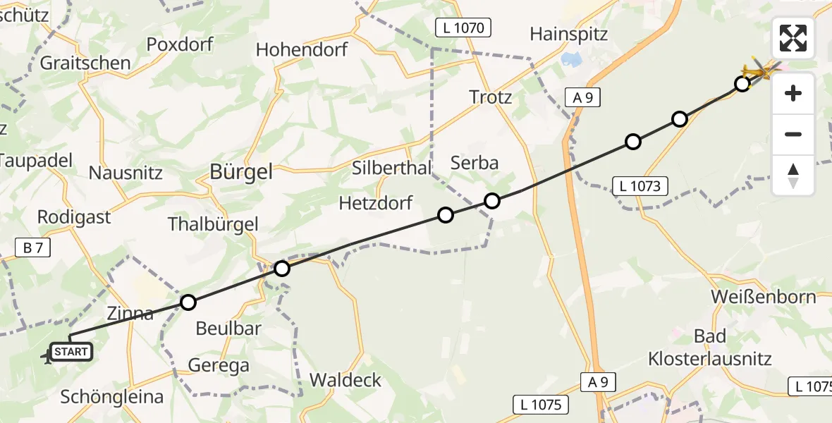 Flugroute Rettungshubschrauber Jena-Schöngleina Flugplatz - Eisenberg Forest Rudolf Elle Hospital, 28 April 2026, 14:07