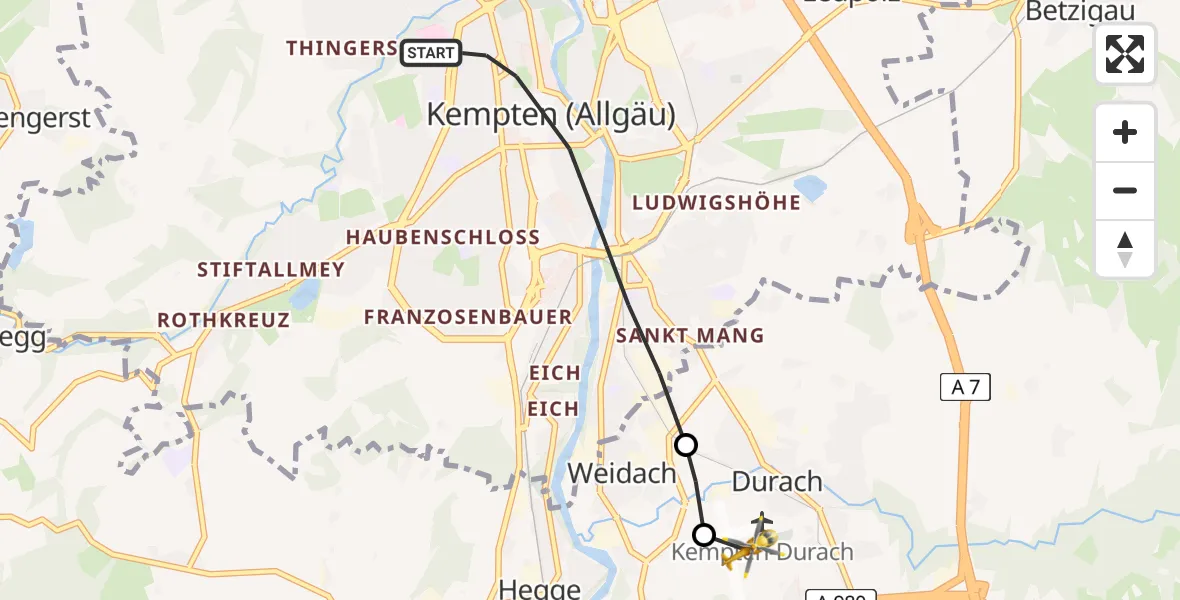 Flugroute Rettungshubschrauber Kempten (Allgäu) - Kempten-Durach Flugplatz, 28 April 2026, 14:11