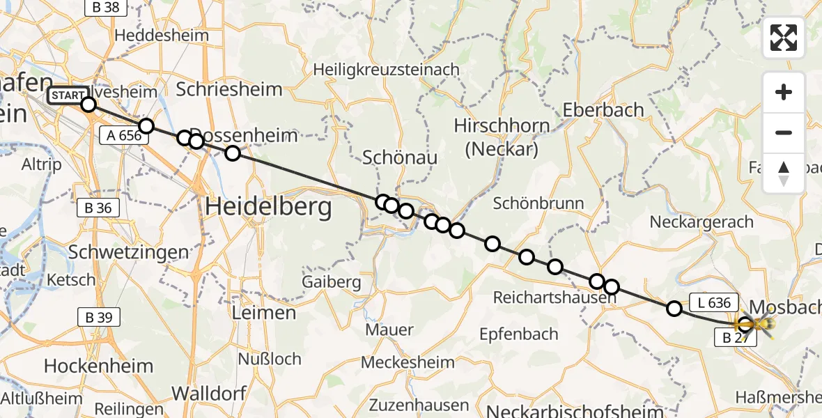 Flugroute Rettungshubschrauber Mannheim-City Flughafen - Mosbach, 28 April 2026, 14:16