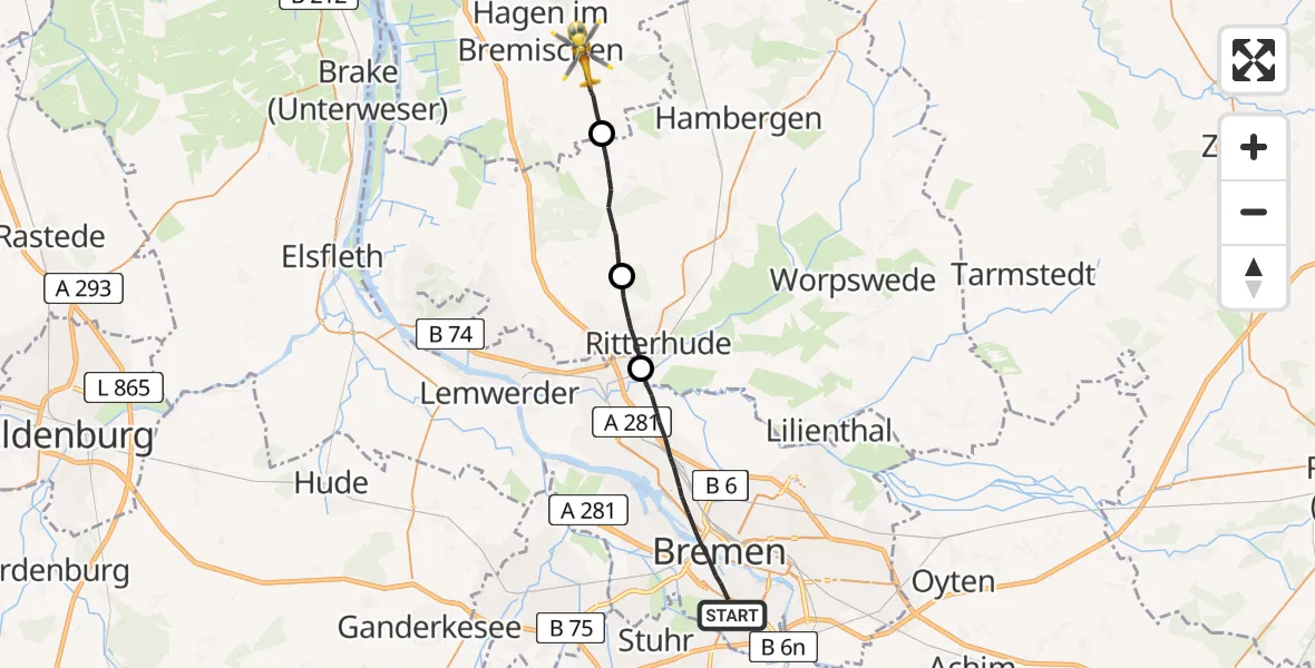 Flugroute Rettungshubschrauber Bremen - Hagen im Bremischen, 28 April 2026, 14:20