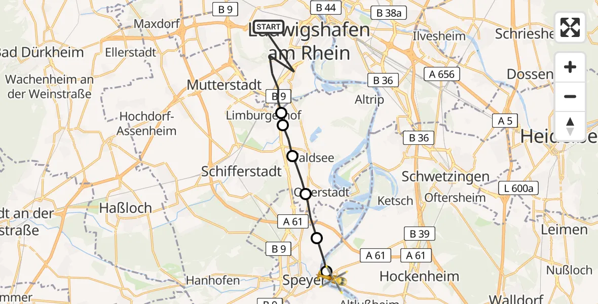 Flugroute Rettungshubschrauber Ludwigshafen am Rhein - Altlußheim, 28 April 2026, 14:23