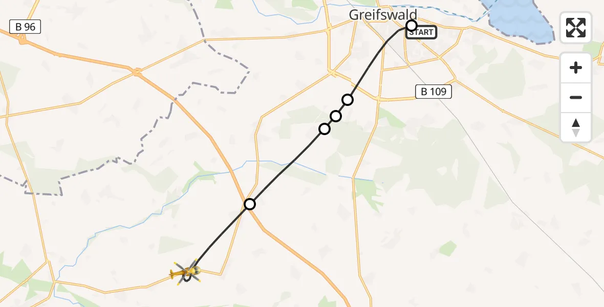 Flugroute Rettungshubschrauber Greifswald Hospital - Görmin, 28 April 2026, 14:30