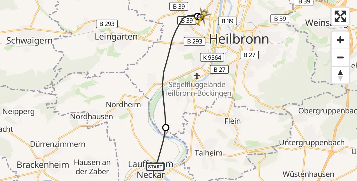 Flugroute Rettungshubschrauber Lauffen am Neckar - Heilbronn Hospital, 28 April 2026, 14:33