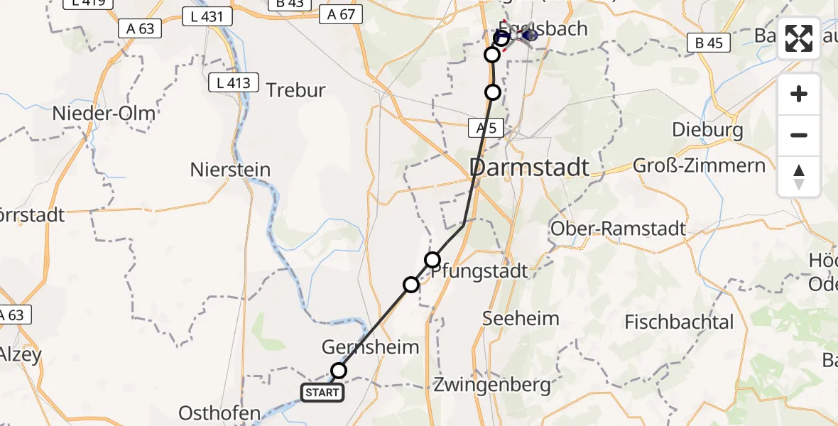 Flugroute Polizeihubschrauber Groß-Rohrheim - Flughafen Frankfurt-Egelsbach, 28 April 2026, 14:56
