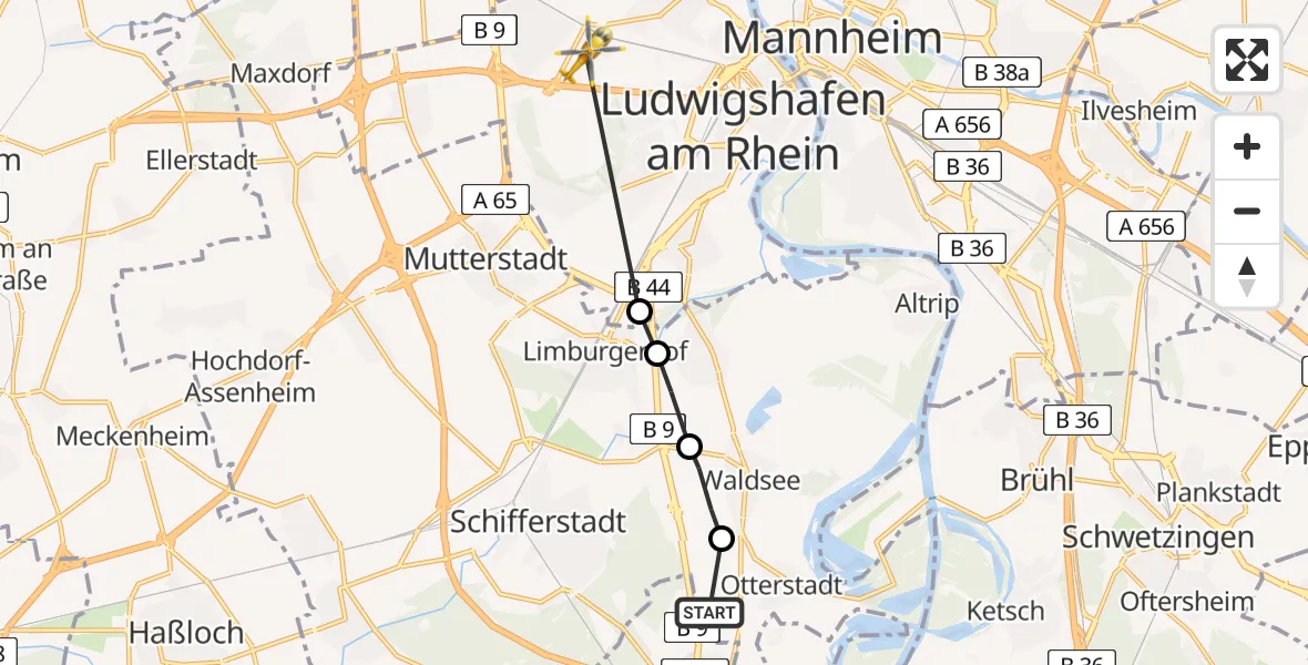 Flugroute Rettungshubschrauber Otterstadt - Ludwigshafen Accident Hospital, 28 April 2026, 14:59