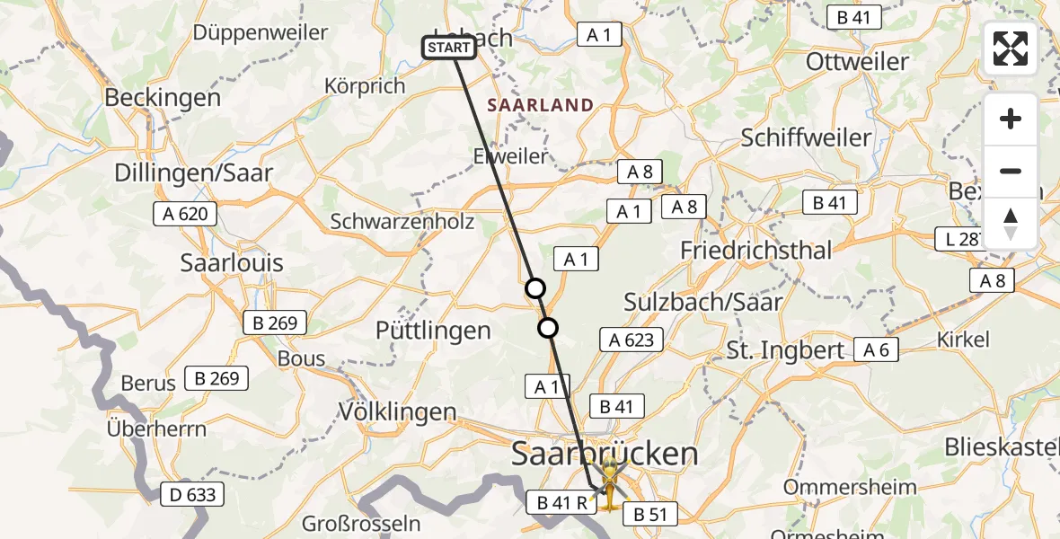 Flugroute Rettungshubschrauber Lebach - Saarbrücken, 28 April 2026, 15:00