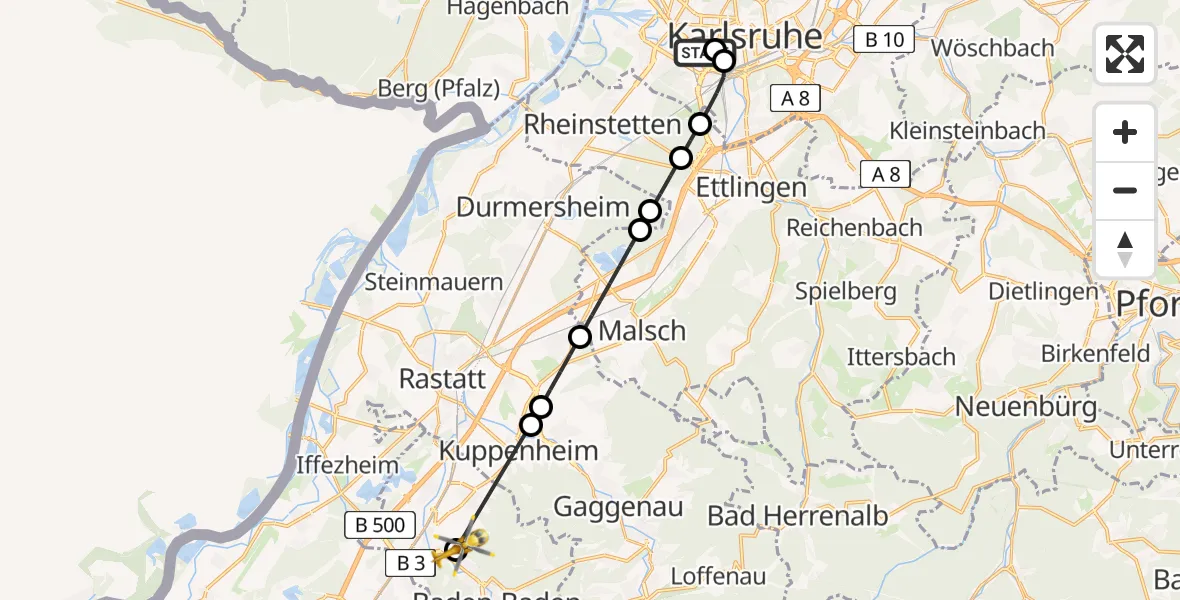 Flugroute Rettungshubschrauber Sankt Vincentius Hospital - Baden-Baden, 28 April 2026, 15:04