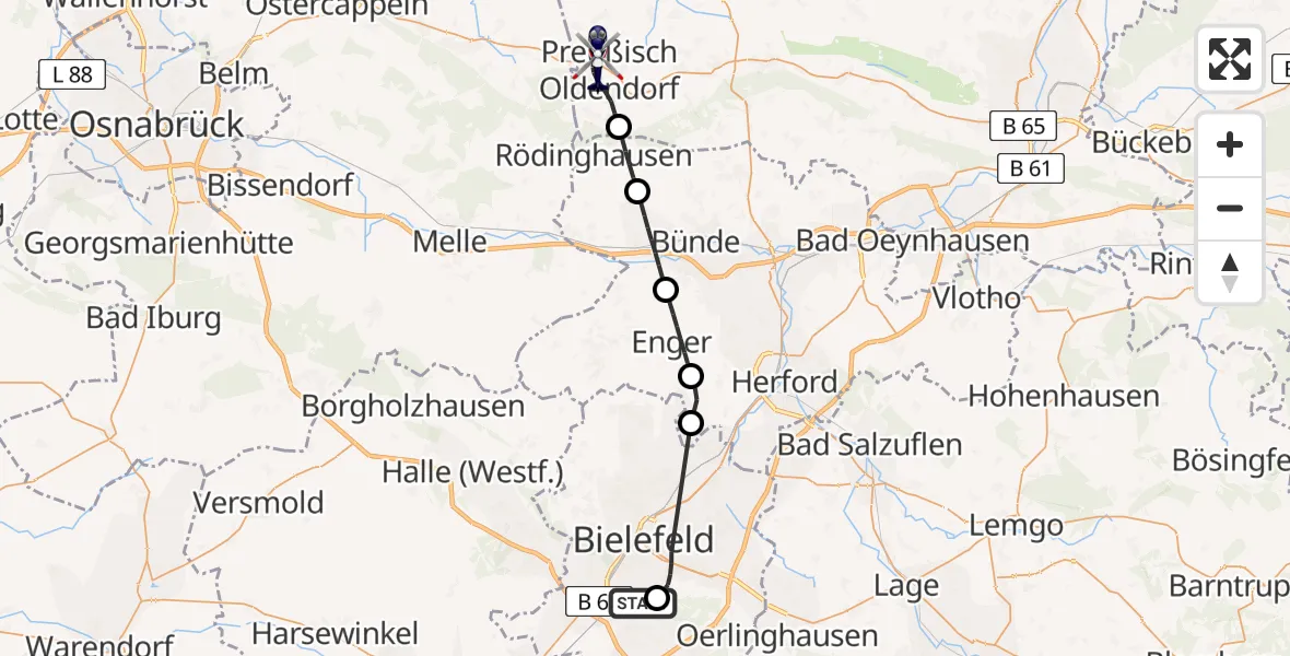 Flugroute Polizeihubschrauber Luftrettungszentrum Bielefeld - Preußisch Oldendorf, 28 April 2026, 15:08